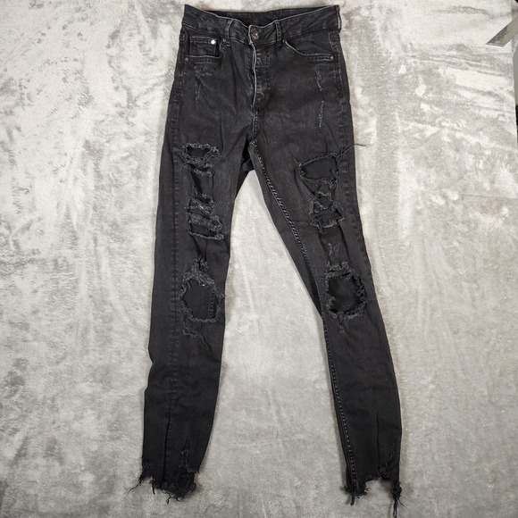 H&M Jeans Women's 25X28 (Tag  28) Distress Cut-Off Skinny Ankle High Waist Black - Picture 1 of 16